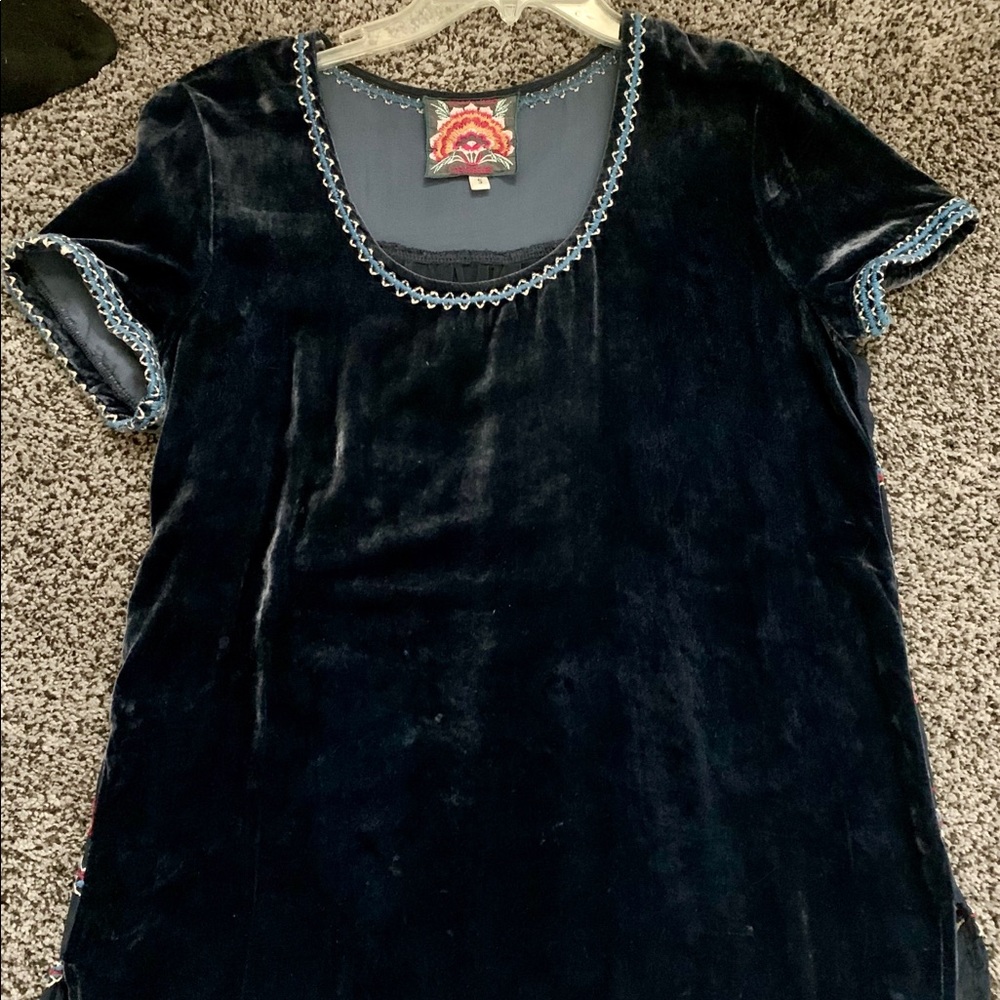 Johnny Was short sleeve velvet/embroidered top